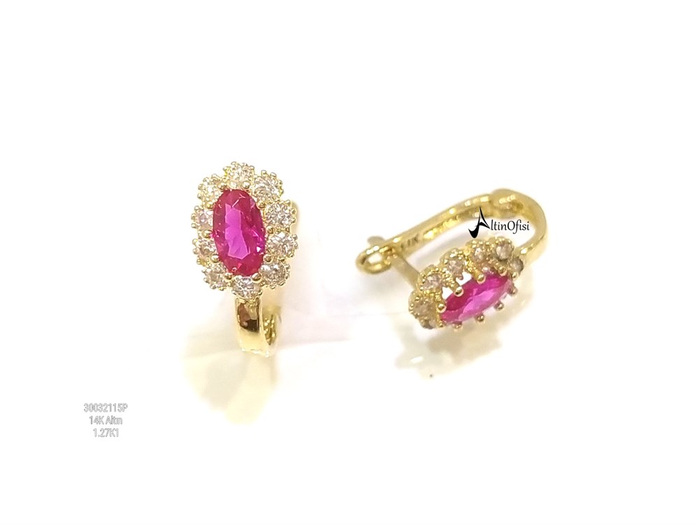 Kırmızı Taşlı Çocuk Küpe  14 Ayar Altın