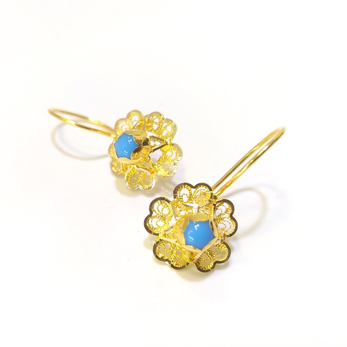 Klasik Firuze Taşlı Gül Küpe 14 Ayar Altın