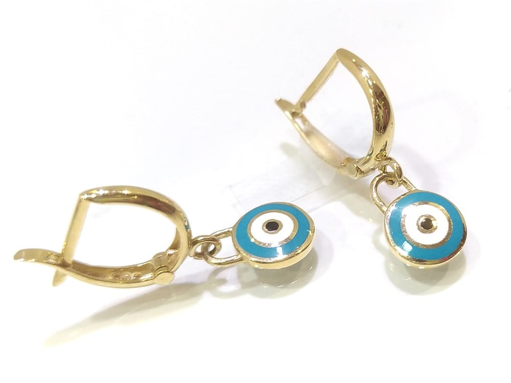 Mineli Göz Boncuğu Sallanan Küpe 14 Ayar Altın