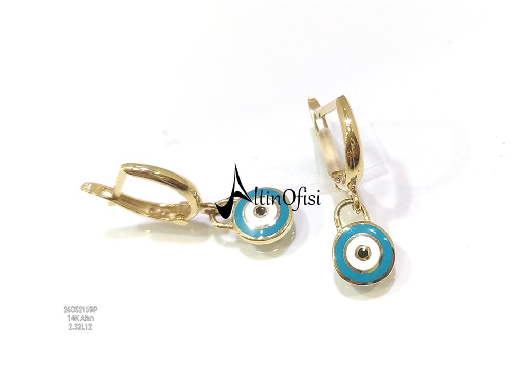 Mineli Göz Boncuğu Sallanan Küpe 14 Ayar Altın