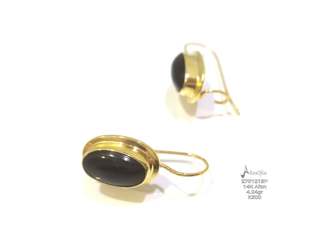 Oltu Taşı Telli El Yapımı Küpe 14 Ayar Altın