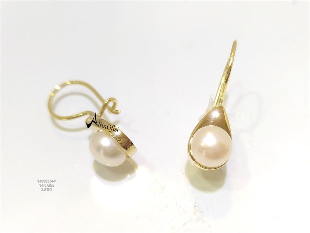 Sallanan Telli  İnci Küpe 14 Ayar Altın