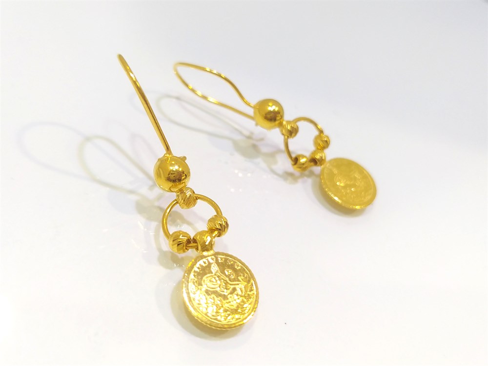 Tuğralı Dorika Toplu Sallanan Küpe  22 Ayar Altın