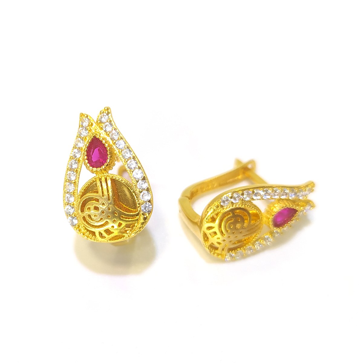 Tuğralı Lale Figürlü Küpe 14 Ayar Altın