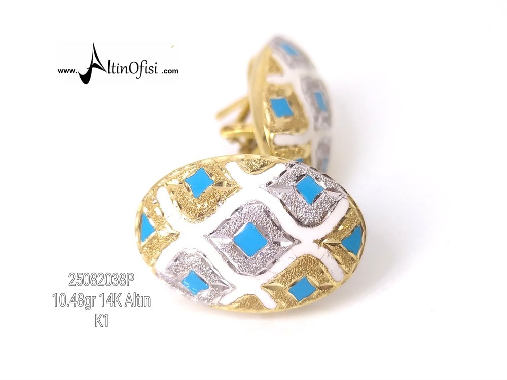 Turkuaz ve Beyaz Mineli Küpe Küpe  14 Ayar Altın