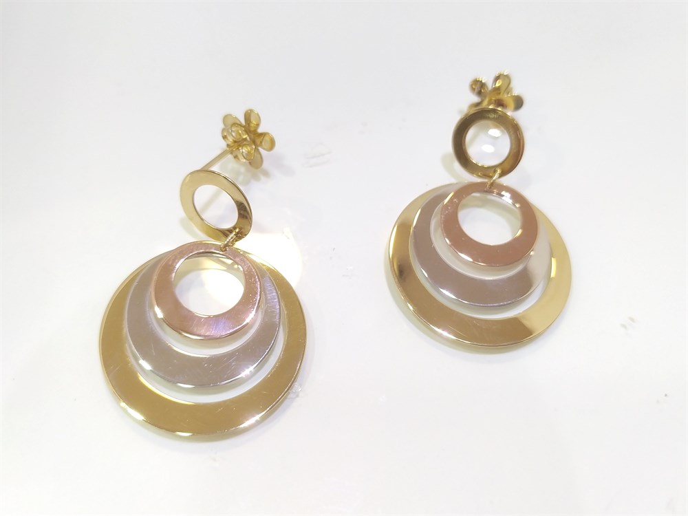 Üçlü Levha Sallanan Vidalı Küpe  14 Ayar Altın