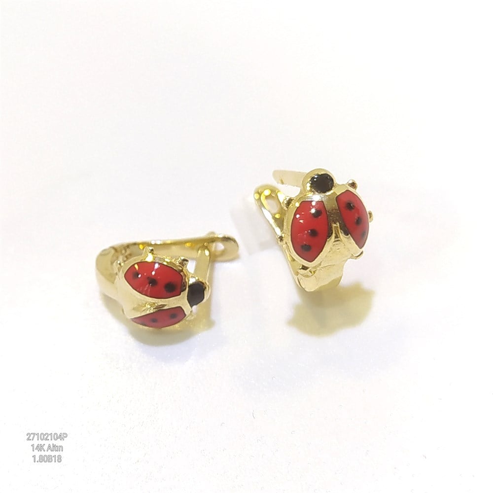 Uğur Böceği Mineli  Küpe 14 Ayar Altın