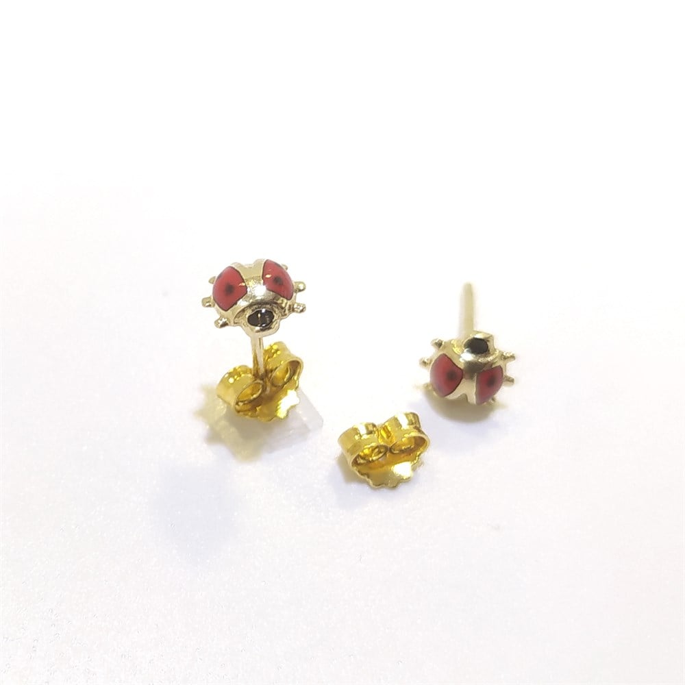 Uğur Böceği Mineli  Vidali Küpe 14 Ayar Altın