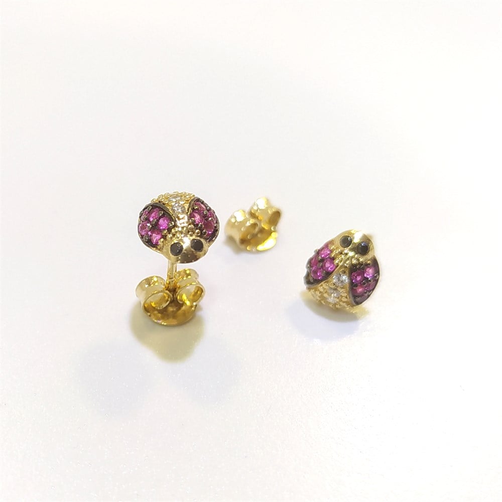 Uğur Böceği Vidali Küpe 14 Ayar Altın