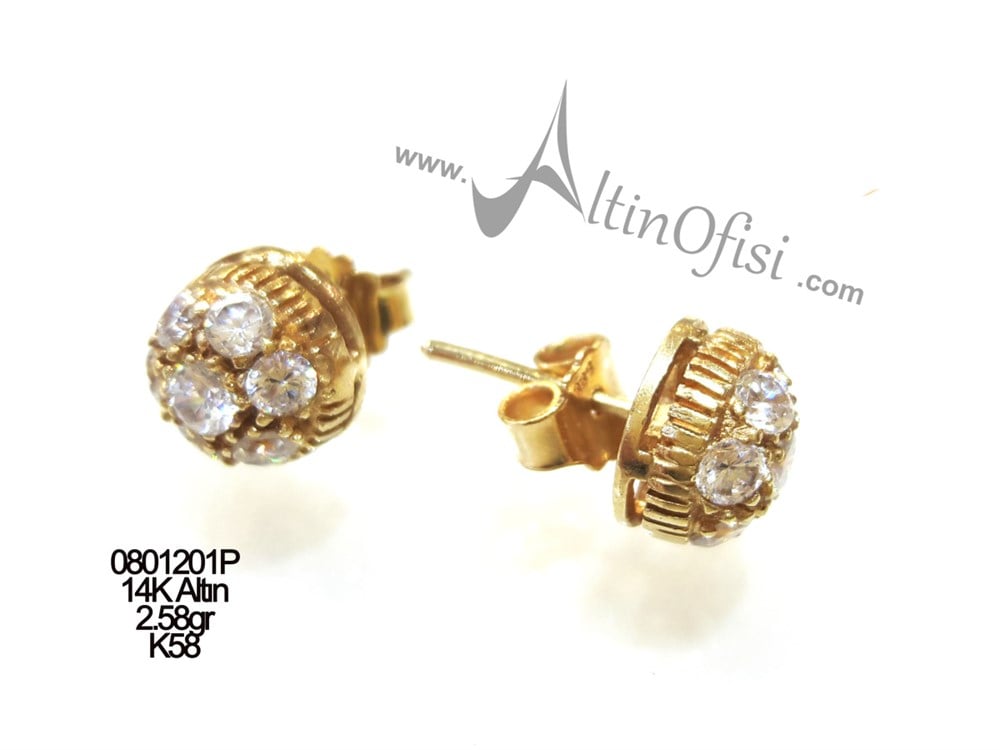 Yarım Top Küpe 14 Ayar Altın 3 Boyutlu Resim