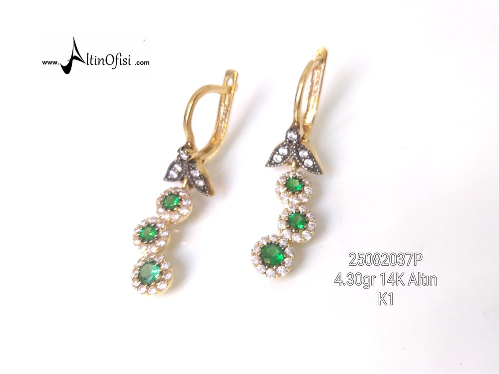Yeşil Taşlı Sallantılı Küpe  14 Ayar Altın
