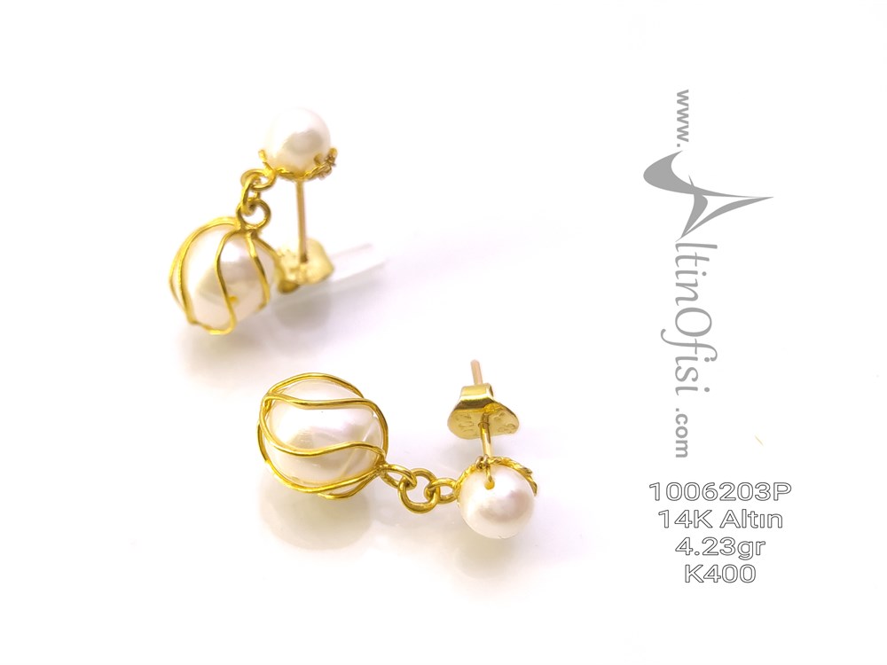 Spiral İnci Küpe  14 Ayar Altın