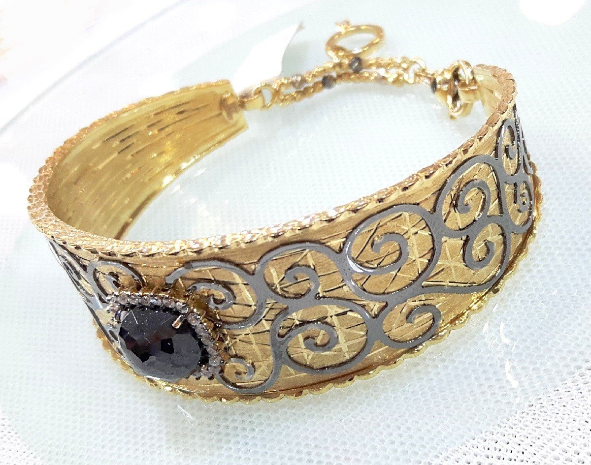 Siyah Taşlı Kelepçe Bilezik 14 Ayar Sarı Siyah Altın