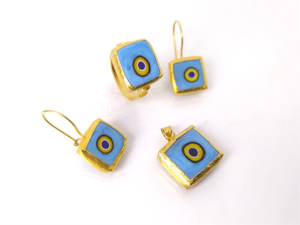 Gözboncuklu Üçlü Set Takım 14 Ayar Altın