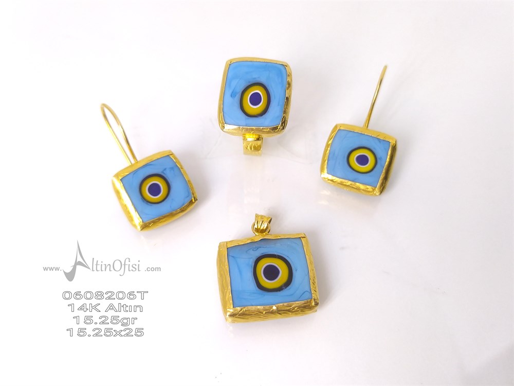 Gözboncuklu Üçlü Set Takım 14 Ayar Altın