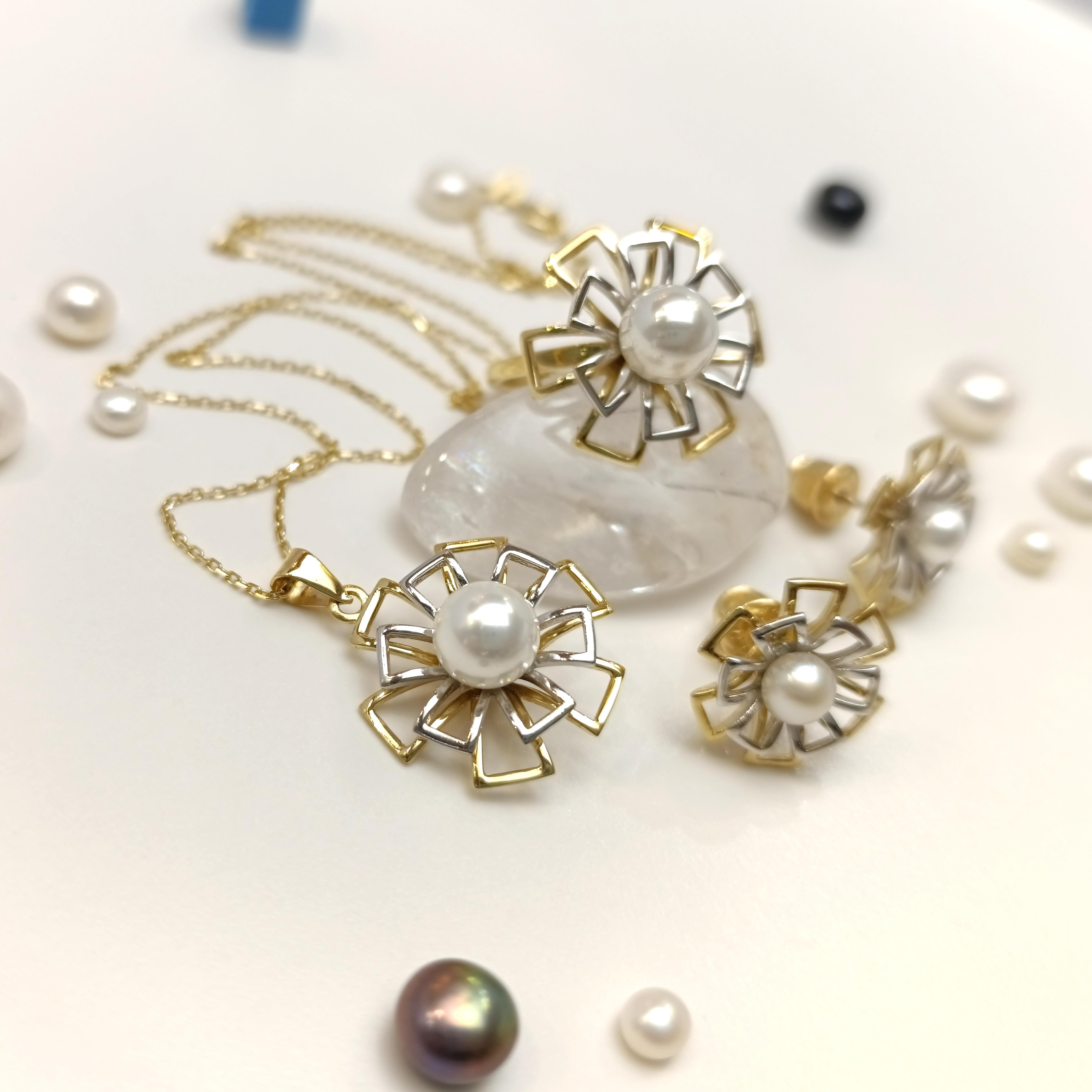 Mayorka İnci Taşlı Çiçek Set Takım 14 Ayar Altın HD VİDEOLU