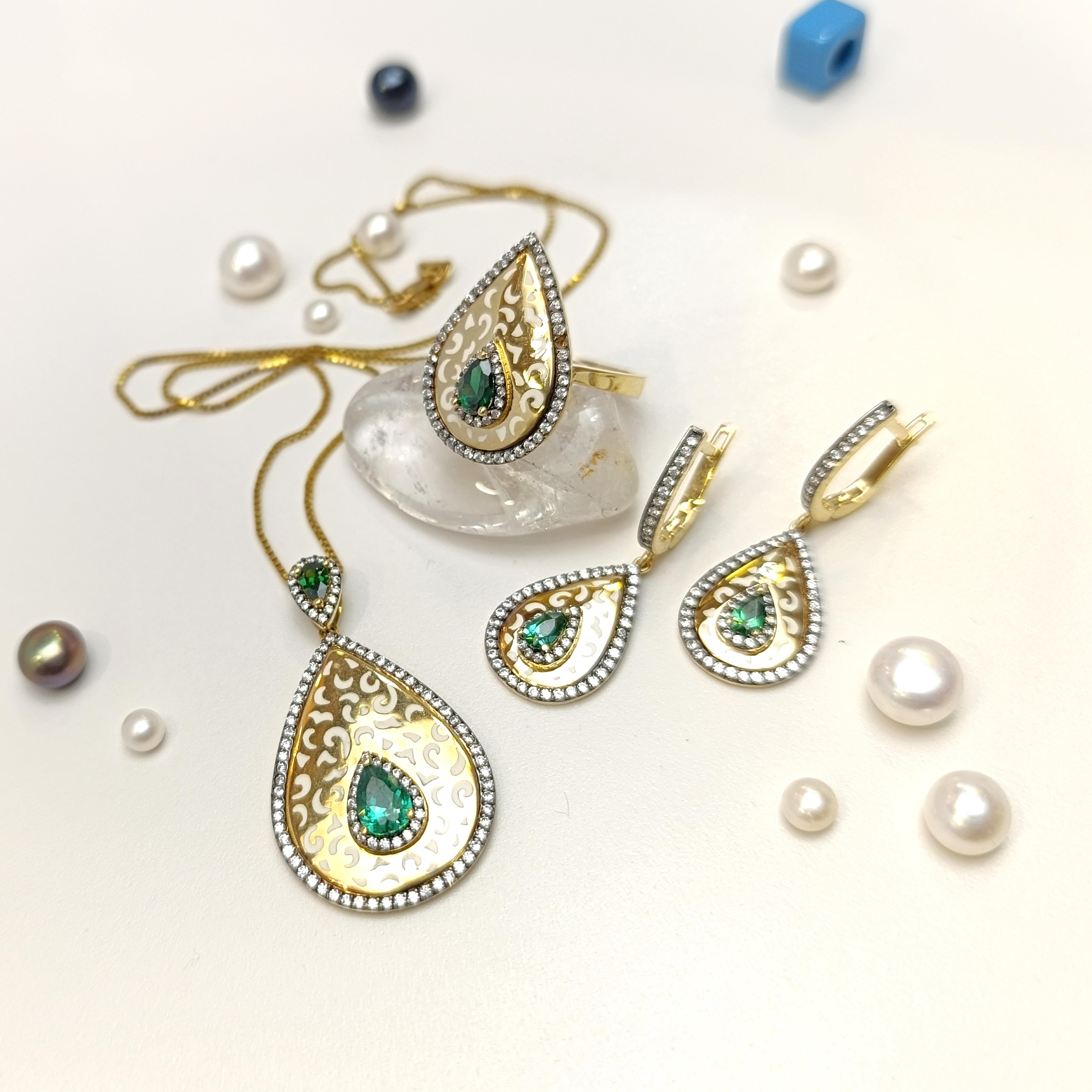 Yeşil Taşlı Damla Set Takım 14 Ayar Altın HD VİDEOLU