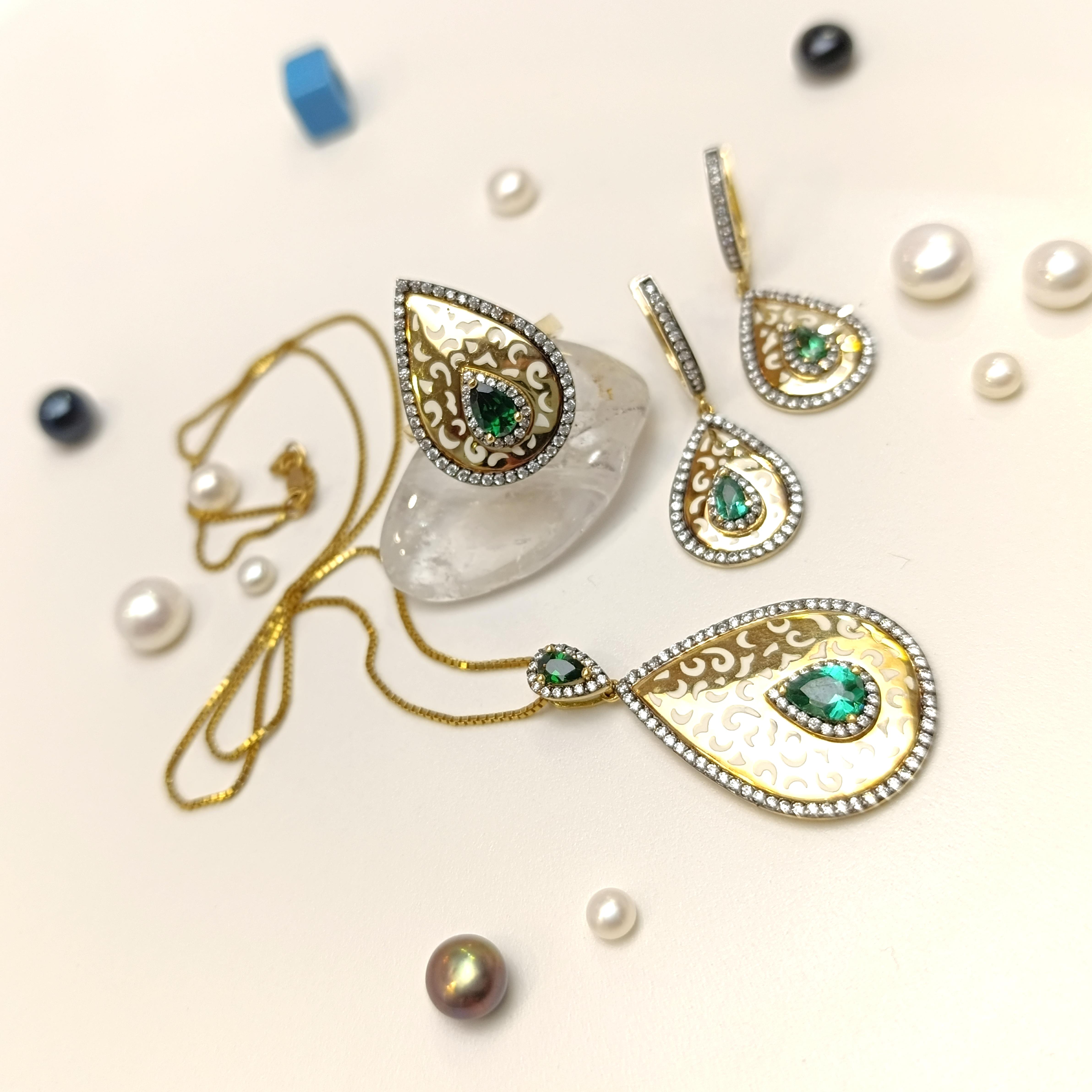 Yeşil Taşlı Damla Set Takım 14 Ayar Altın HD VİDEOLU