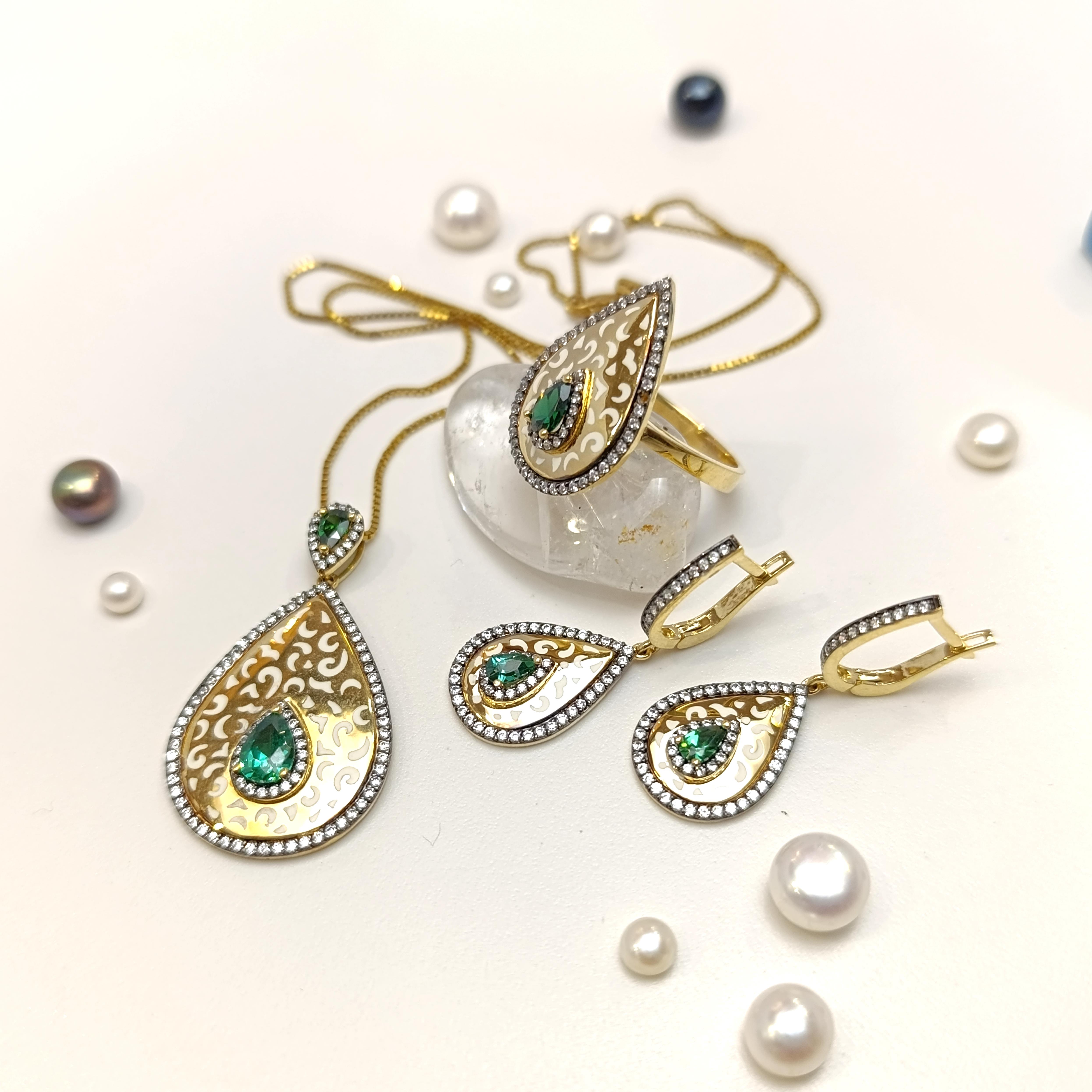 Yeşil Taşlı Damla Set Takım 14 Ayar Altın HD VİDEOLU