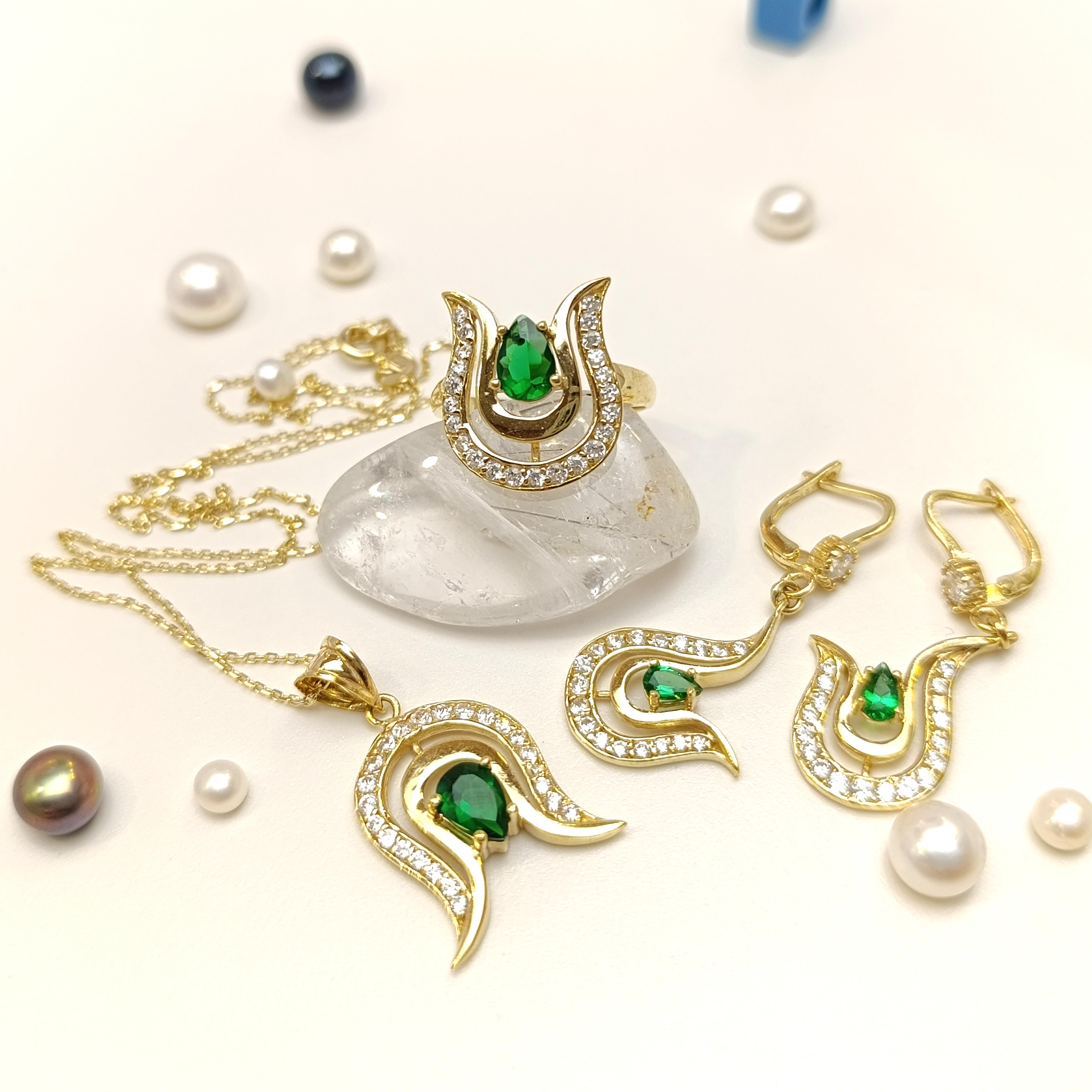 Yeşil Taşlı Lale Set Takım 14 Ayar Altın HD VİDEOLU