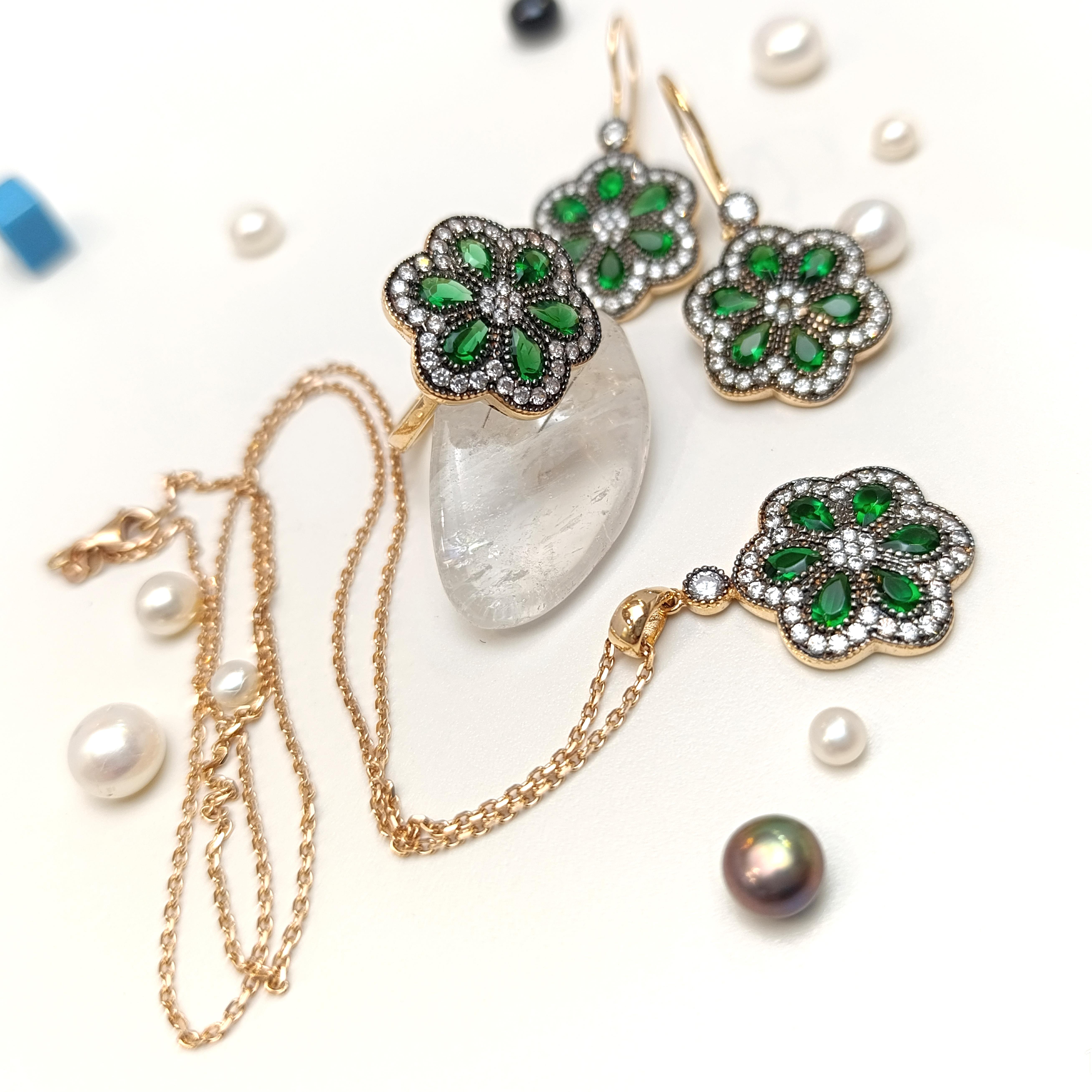 Yeşil Taşlı Set Takım 14 Ayar Altın HD VİDEOLU