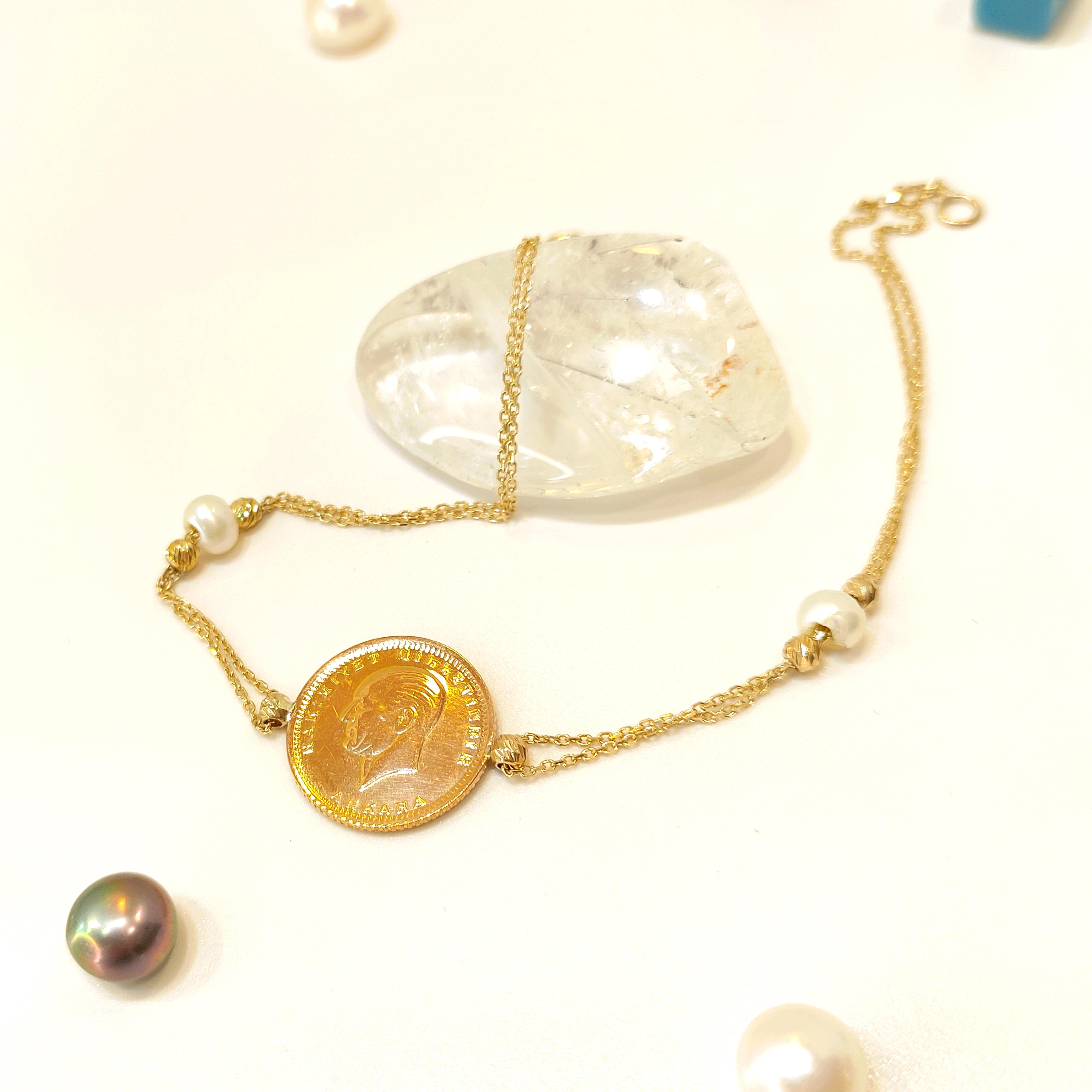 Atalira Çeyrek Altınlı İncili Bileklik Çeyrek 22 Ayar ve Zincir 14 Ayar HD VİDEOLU