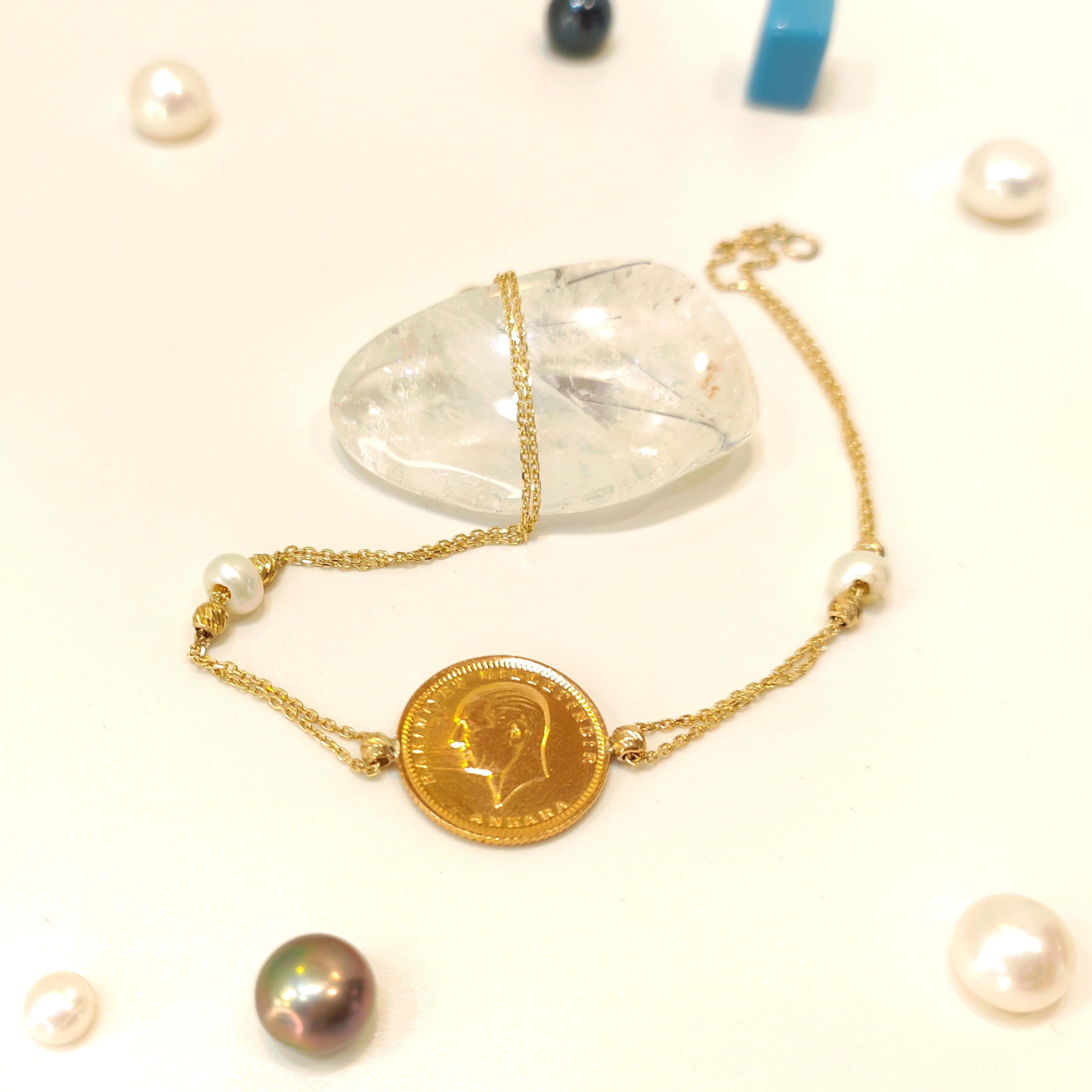 Atalira Çeyrek Altınlı İncili Bileklik Çeyrek 22 Ayar ve Zincir 14 Ayar HD VİDEOLU