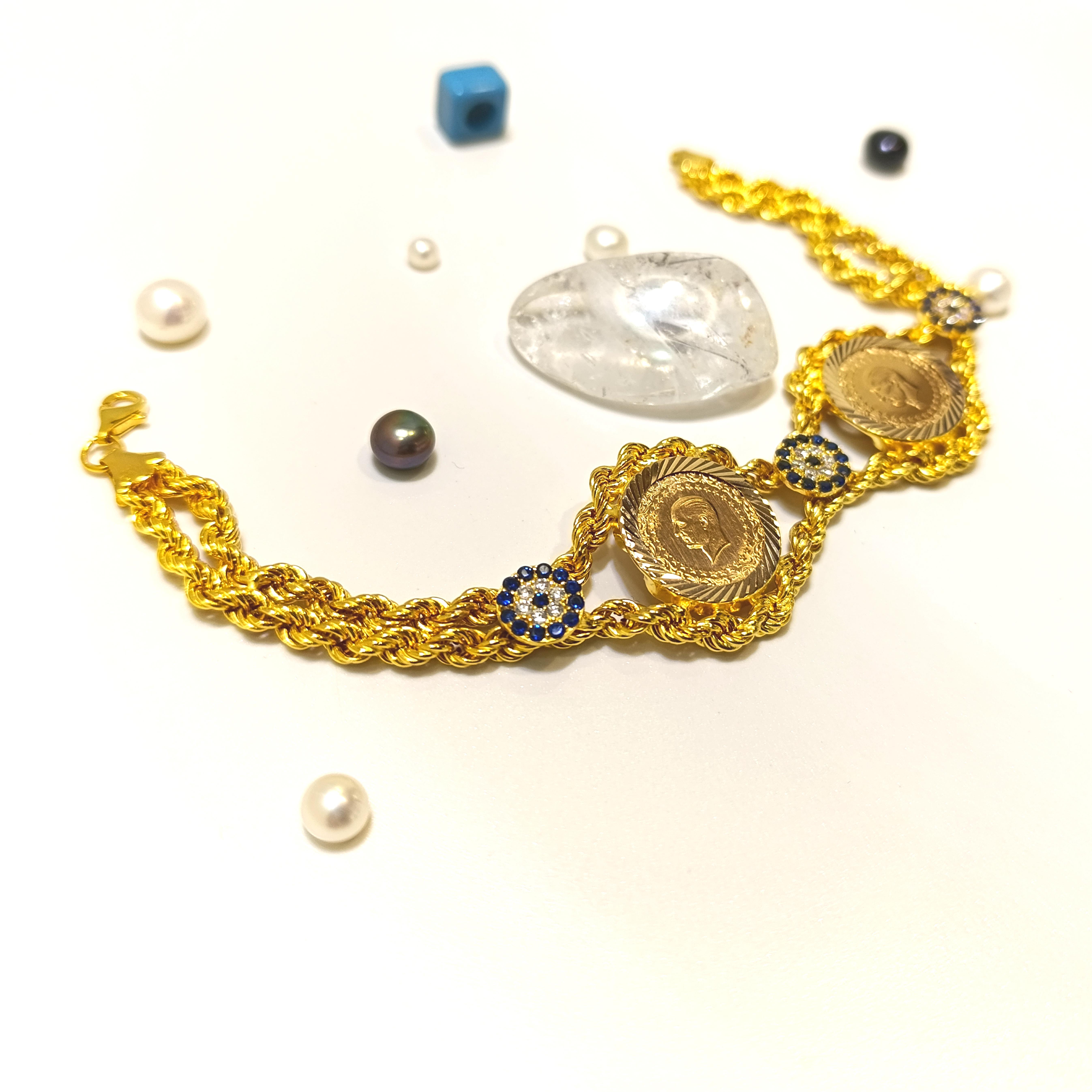 İki Çeyrek Altınlı Halat Zincirli Bileklik 22 Ayar ve Zincir 14 Ayar Altın HD VİDEOLU