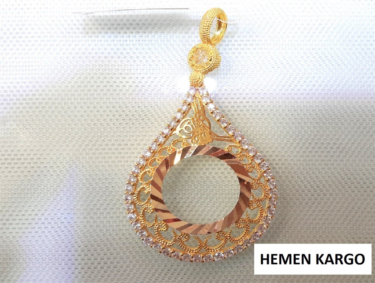 Tuğralı Damla Çeyrek Ziynet yada Ata Yarım Sikke için çerçeve Kolye 14 Ayar Altın