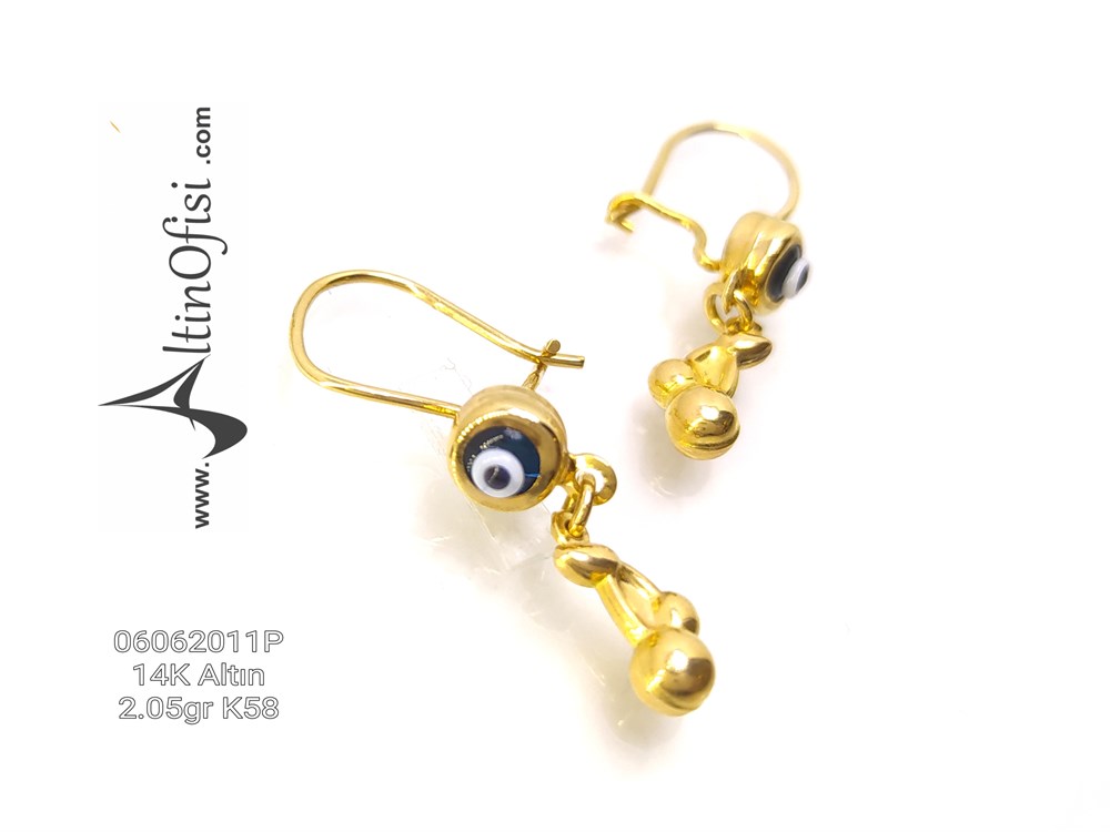 Kiraz Göz Boncuklu Küpe 14 Ayar Altın