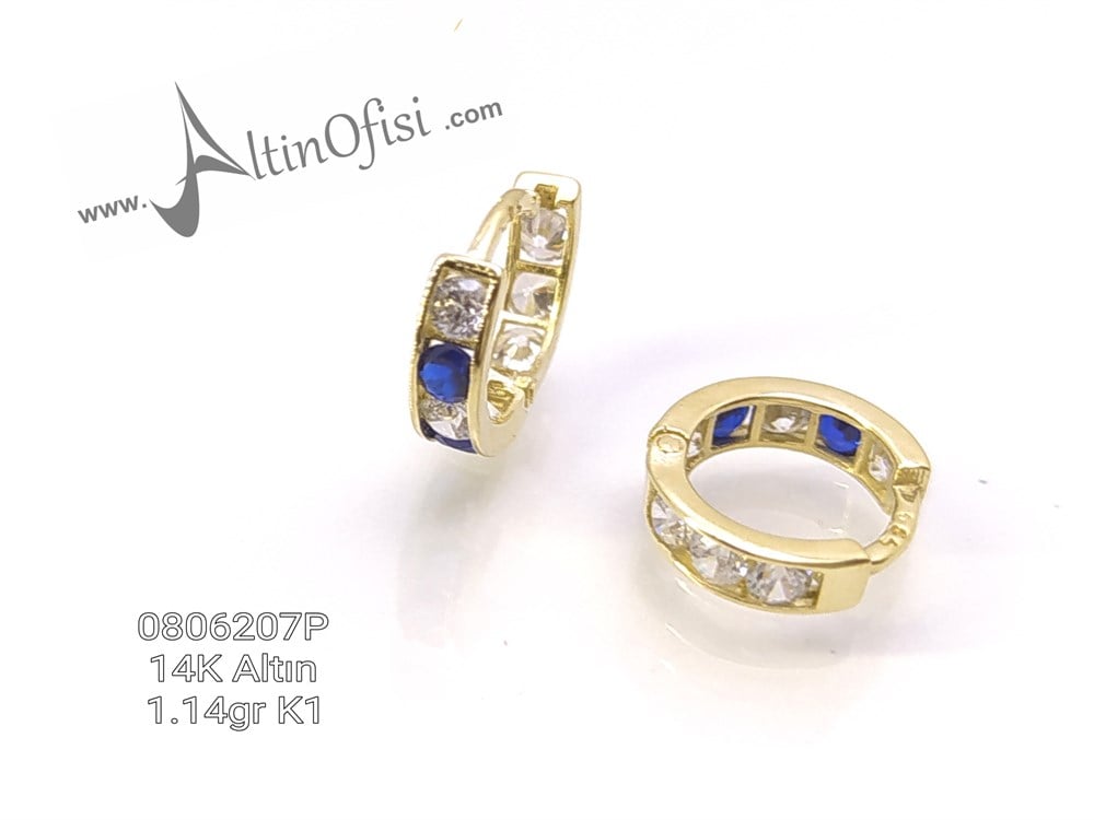 Lacivert Taşlı Suyolu Halka Küpe  14 Ayar Altın