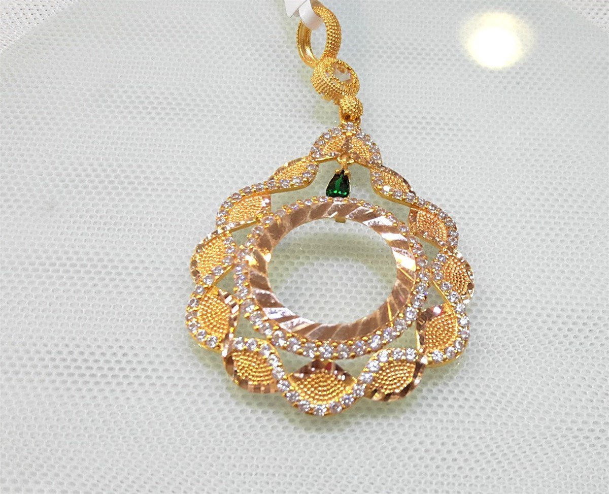 Yeşil Taşlı Çeyrek Ziynet yada Ata Yarım Sikke için çerçeve Kolye 14 Ayar Altın