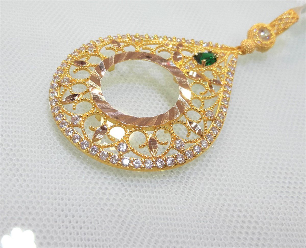 Yeşil Taşlı Damla Yarım Ziynet yada Atalira Tam Sikke için çerçeve Kolye 14 Ayar Altın