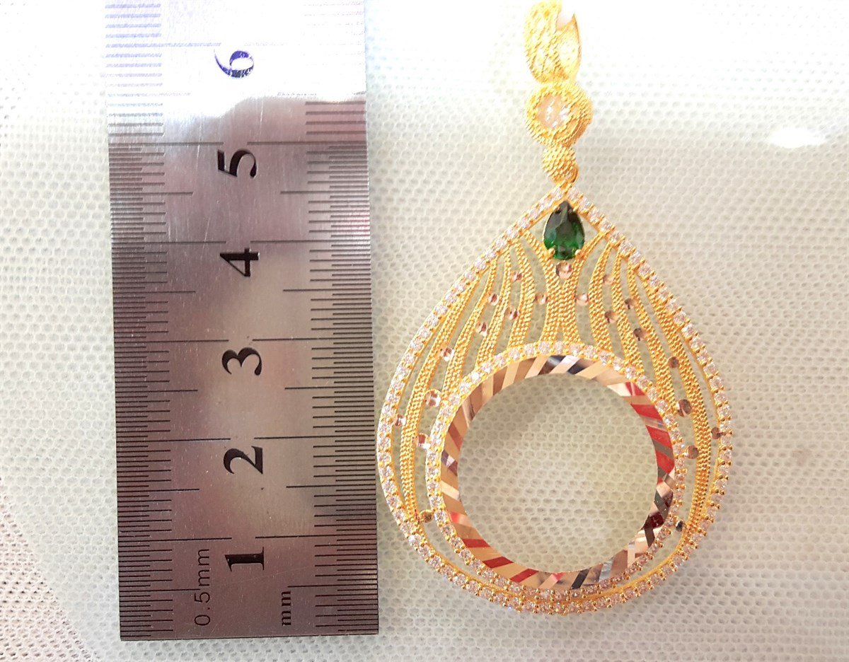 Yeşil Taşlı Damla Yarım Ziynet yada Atalira Tam Sikke için çerçeve Kolye 14 Ayar Altın