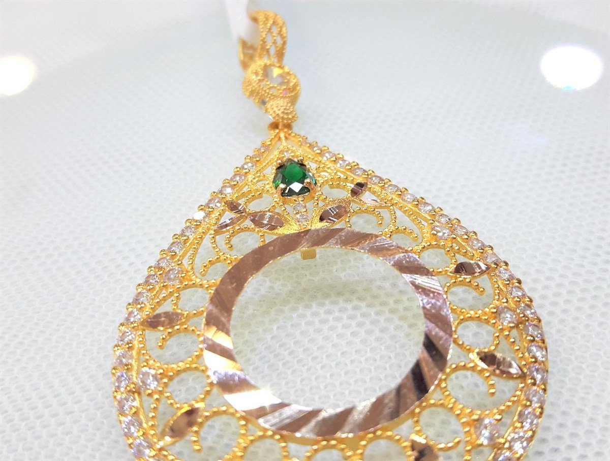 Yeşil Taşlı Damla Yarım Ziynet yada Atalira Tam Sikke için çerçeve Kolye 14 Ayar Altın