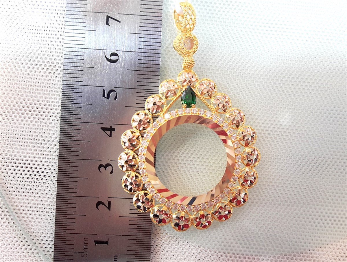 Yeşil Taşlı Damla Yarım Ziynet yada Atalira Tam Sikke için çerçeve Kolye 14 Ayar Altın