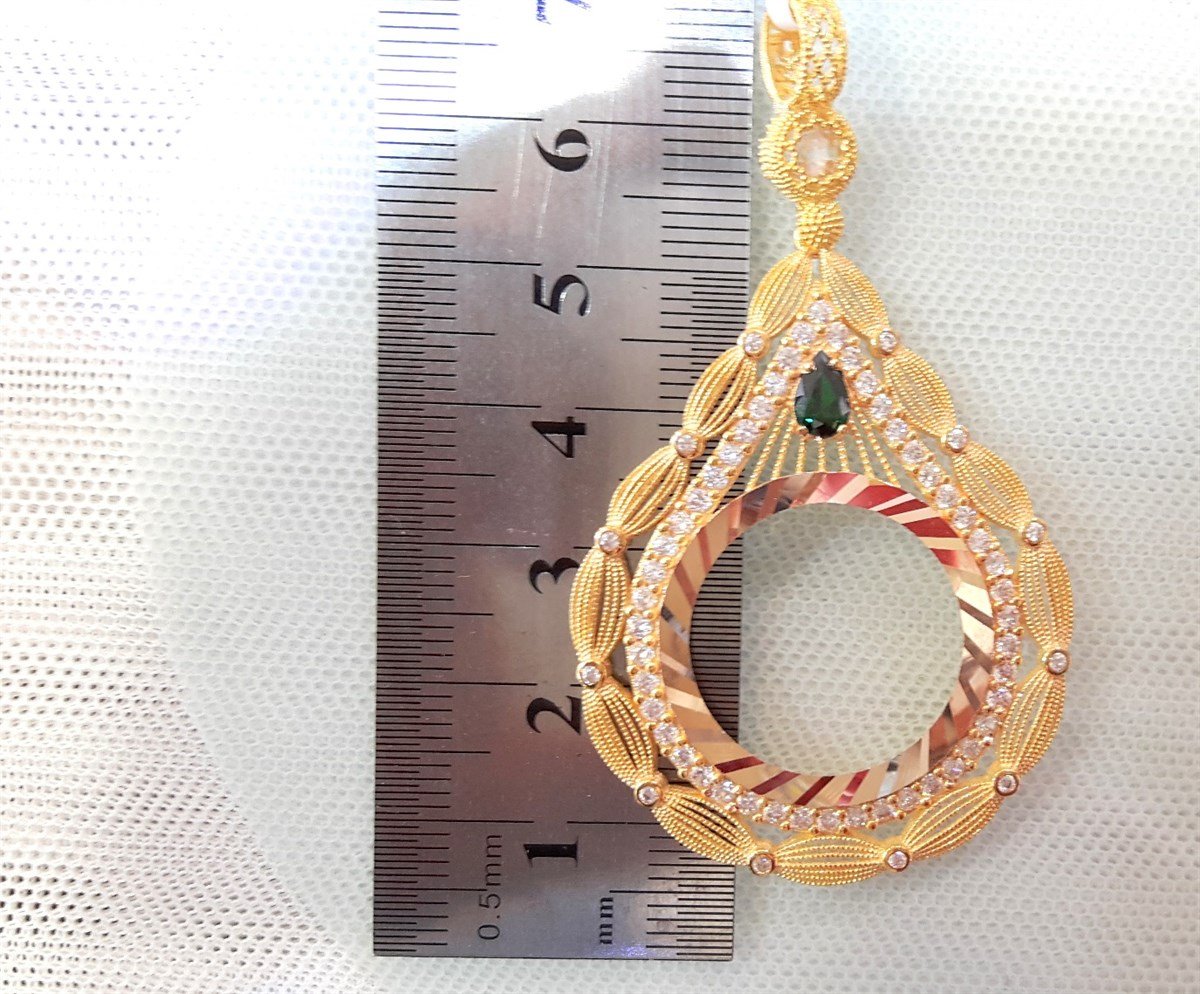 Yeşil Taşlı Damla Yarım Ziynet yada Atalira Tam Sikke için çerçeve Kolye 14 Ayar Altın