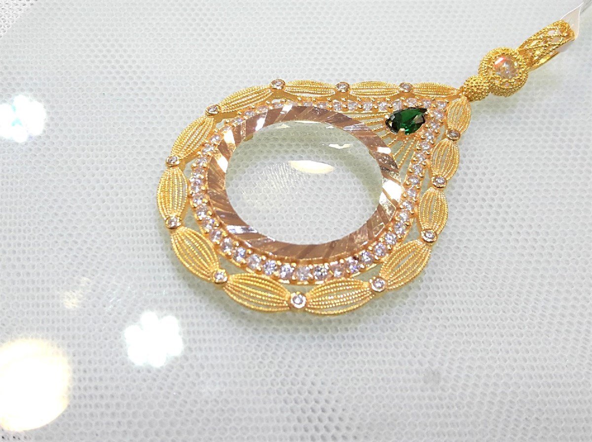 Yeşil Taşlı Damla Yarım Ziynet yada Atalira Tam Sikke için çerçeve Kolye 14 Ayar Altın