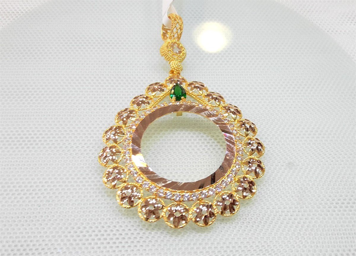 Yeşil Taşlı Damla Yarım Ziynet yada Atalira Tam Sikke için çerçeve Kolye 14 Ayar Altın