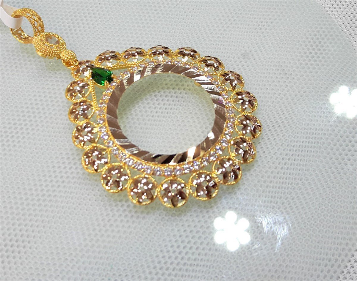 Yeşil Taşlı Damla Yarım Ziynet yada Atalira Tam Sikke için çerçeve Kolye 14 Ayar Altın