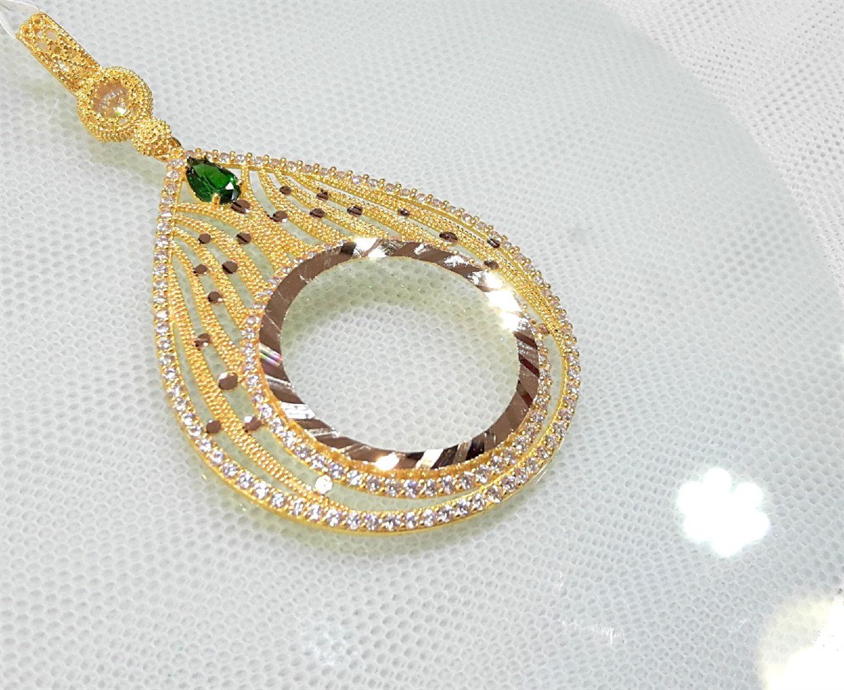 Yeşil Taşlı Damla Yarım Ziynet yada Atalira Tam Sikke için çerçeve Kolye 14 Ayar Altın