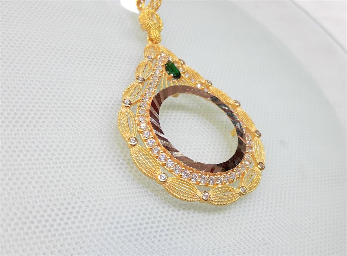 Yeşil Taşlı Damla Yarım Ziynet yada Atalira Tam Sikke için çerçeve Kolye 14 Ayar Altın