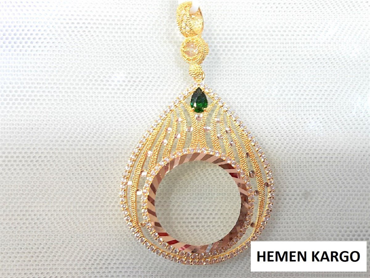 Yeşil Taşlı Damla Yarım Ziynet yada Atalira Tam Sikke için çerçeve Kolye 14 Ayar Altın