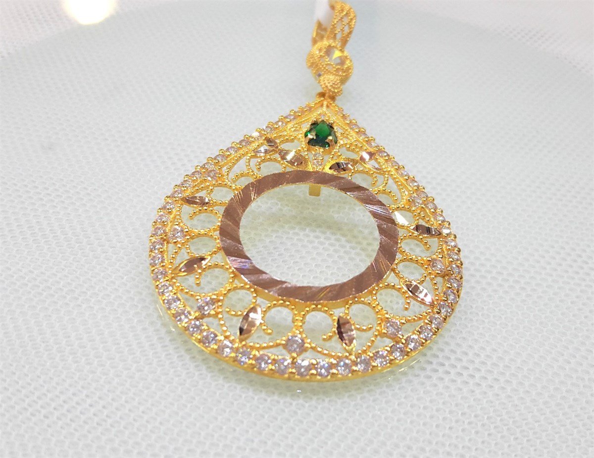 Yeşil Taşlı Damla Yarım Ziynet yada Atalira Tam Sikke için çerçeve Kolye 14 Ayar Altın