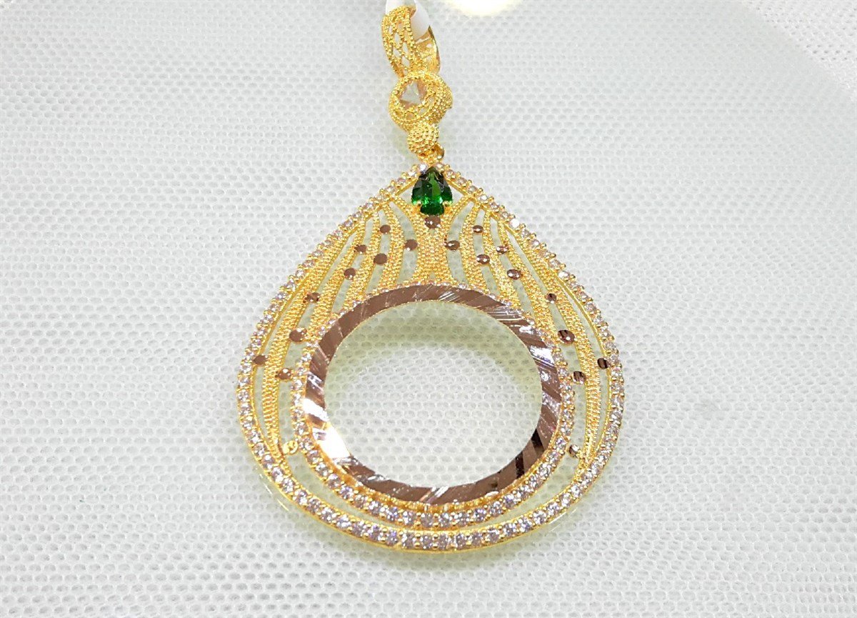 Yeşil Taşlı Damla Yarım Ziynet yada Atalira Tam Sikke için çerçeve Kolye 14 Ayar Altın