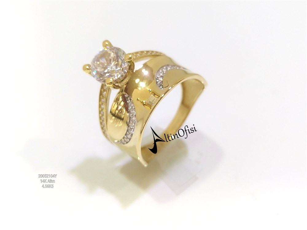 Alyans Tek Taş Bitişik Yüzük 14 Ayar Altın