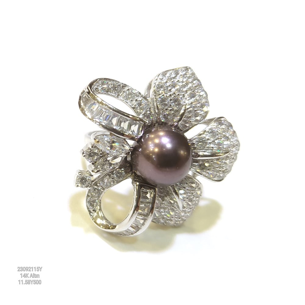 Çİçek Baget Taşlı Siyah İnci Yüzük 14 Ayar Altın