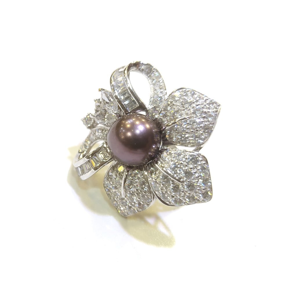 Çİçek Baget Taşlı Siyah İnci Yüzük 14 Ayar Altın