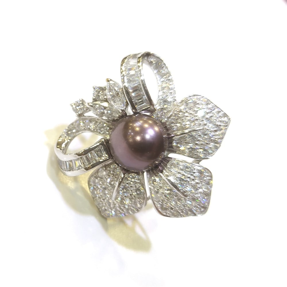 Çİçek Baget Taşlı Siyah İnci Yüzük 14 Ayar Altın