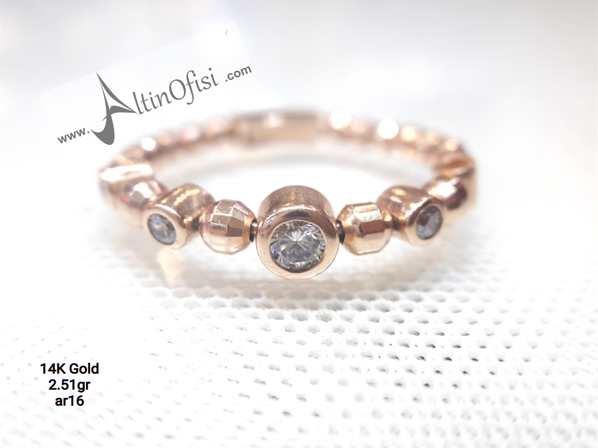 Dorika toplu Tektaşlı Yüzük Roze 14 Ayar Altın